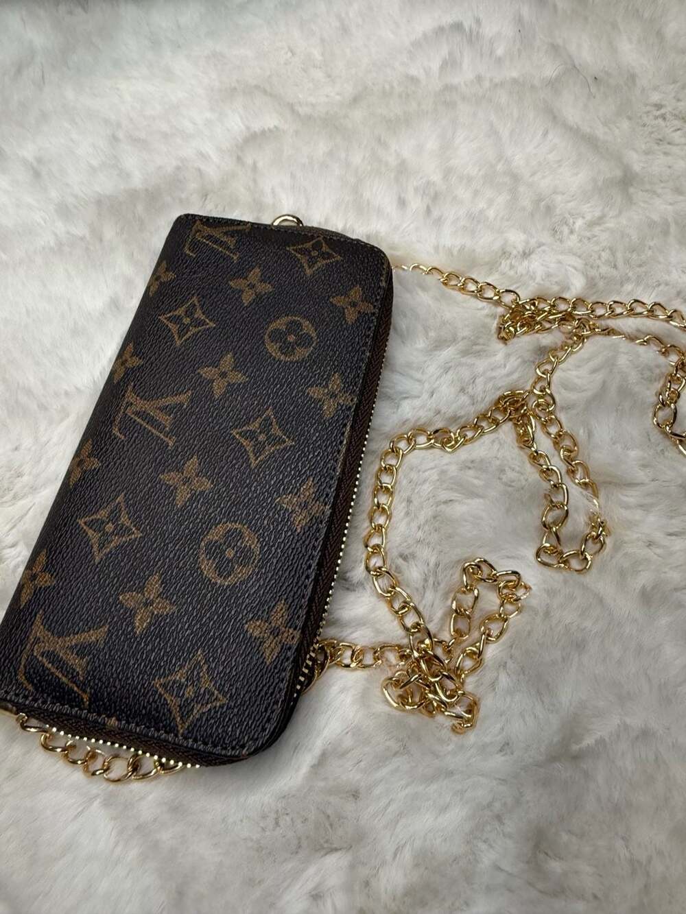 Inspired designer Monogram Print Zip-Around Wallet with Detachable Gold-Tone Cha
